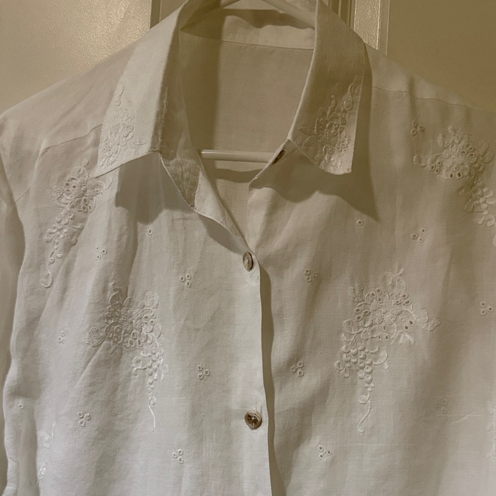 White Embroidered Button-Front Linen Blouse